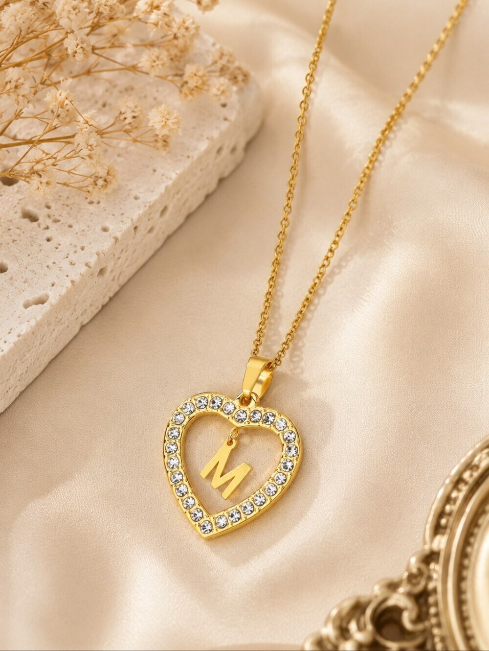 Stainless Steel Gold Initial M Heart Necklace Crystal Letter Pendant